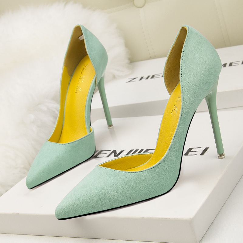 Korean version of fashionable simple thin-heeled high-heeled suede slim-fit shallow-mouthed pointed-toe sexy hollowed-out women's single shoes