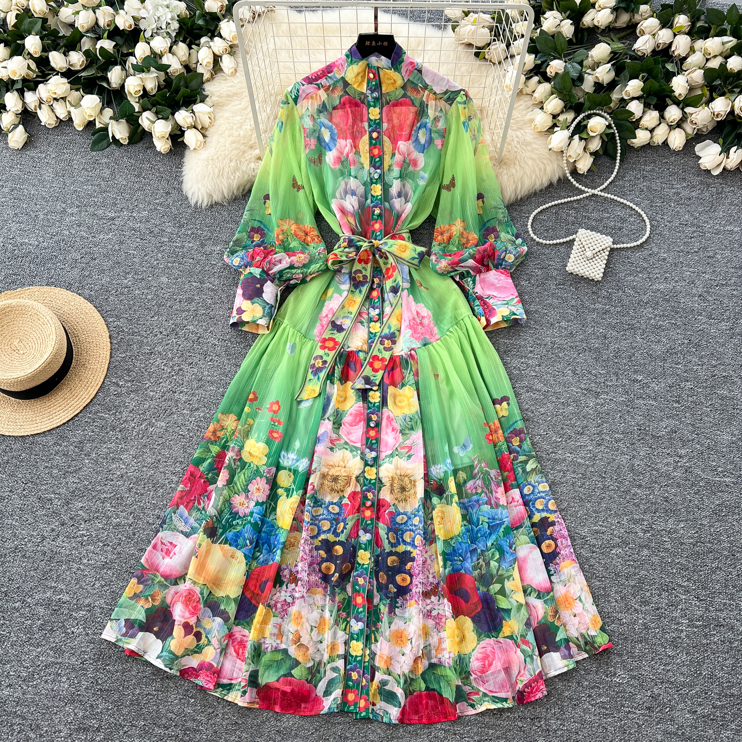 Basic Casual Dresses 2025 Summer Bohemian Chiffon Maxi Dress Women's Stand Collar Long Lantern Sleeve Floral Print Belt Lace Up Beach Vestidos