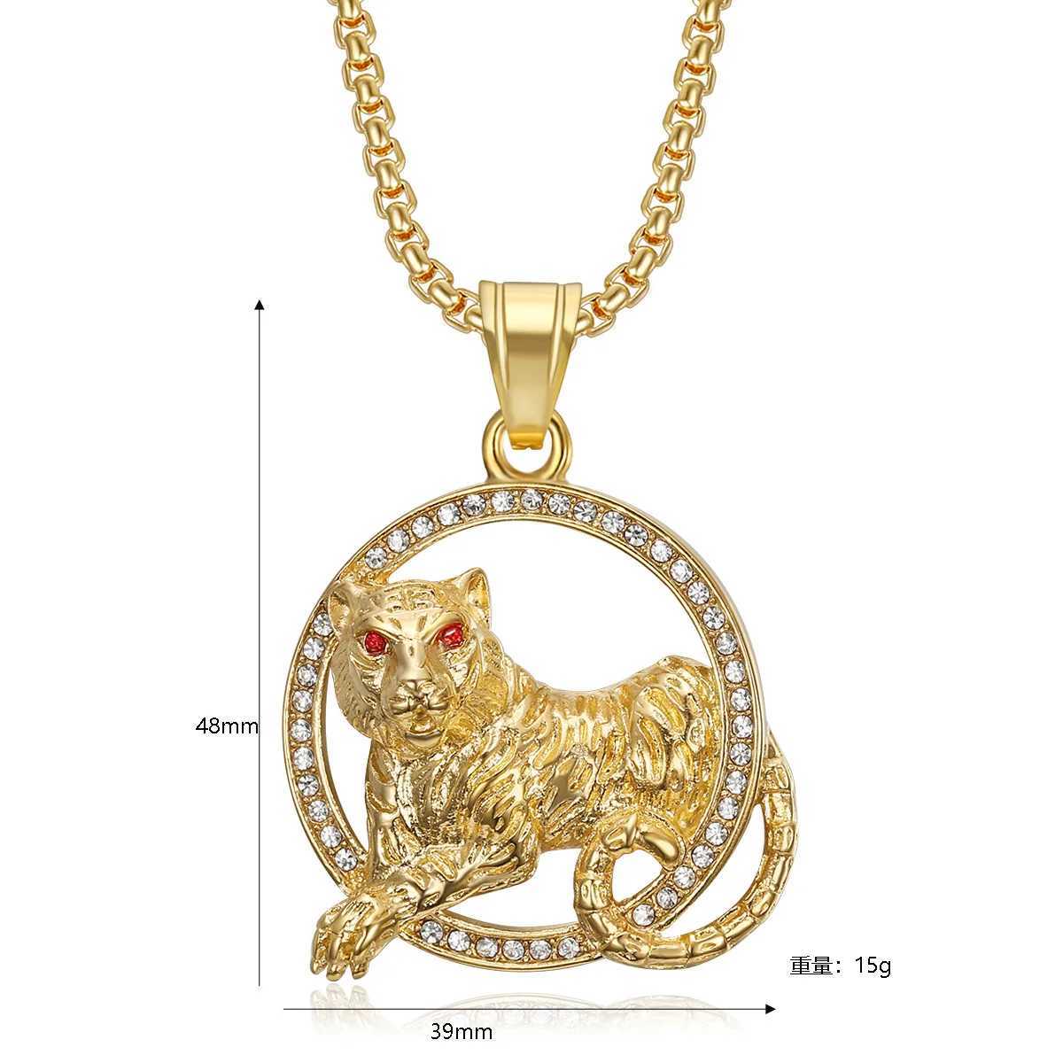 Hot Hip Hop Street Jewelry Stainless Steel Gilded Zircon Red Eyes Twelve Zodiac Tiger Pendant Necklace Mens Gift Accessories Y250329