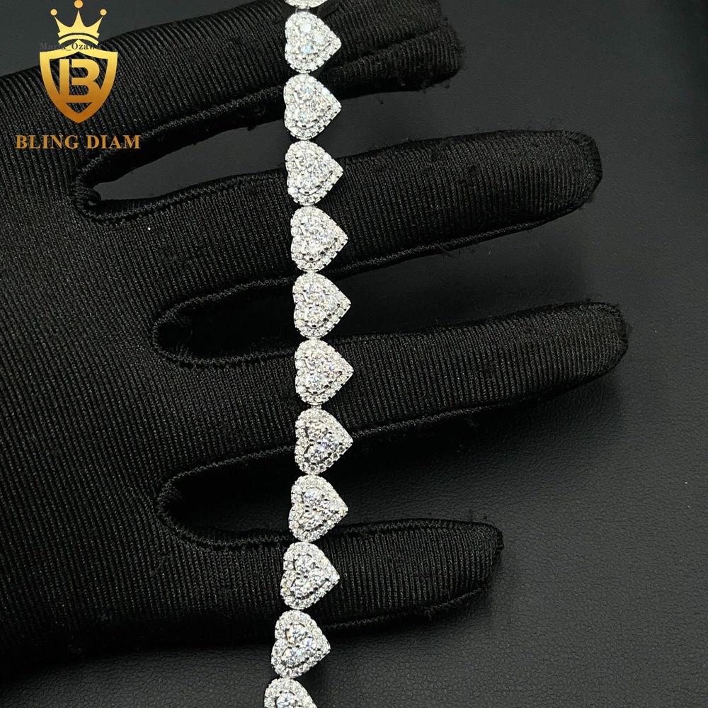 Fashion Jewelry 925 Sterling Silver VVS Moissanite Heart Shape Cuban Tennis Chain 8mm Necklace Bracelet