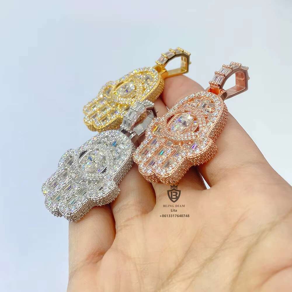 Fashion New Design Oval Eye Hamsa Hand Pendant Necklace Wholesale Custom Fancy Shape Vvs Moissanite Pendant