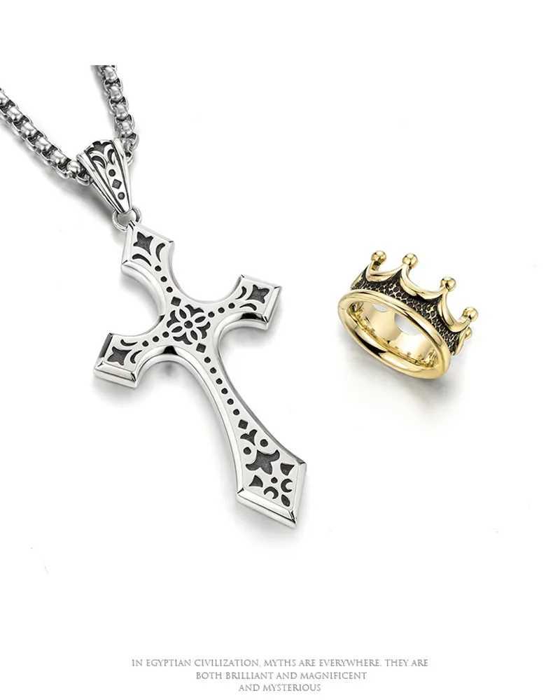 Fashion Punk Crown Cross Necklace for Men Retro Hip Hop Copper Couple Pendant Sweater Chain Jewelry Accessories Holiday Gifts Y250329