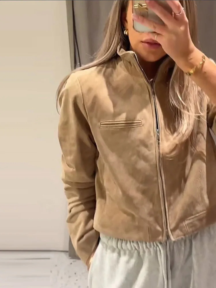 Stand Collar Suede Zipper Short Jackets Women Casual Slim Brown Long Sleeved Jacket Female Spring Chic Daily Style Outwear Tops250324