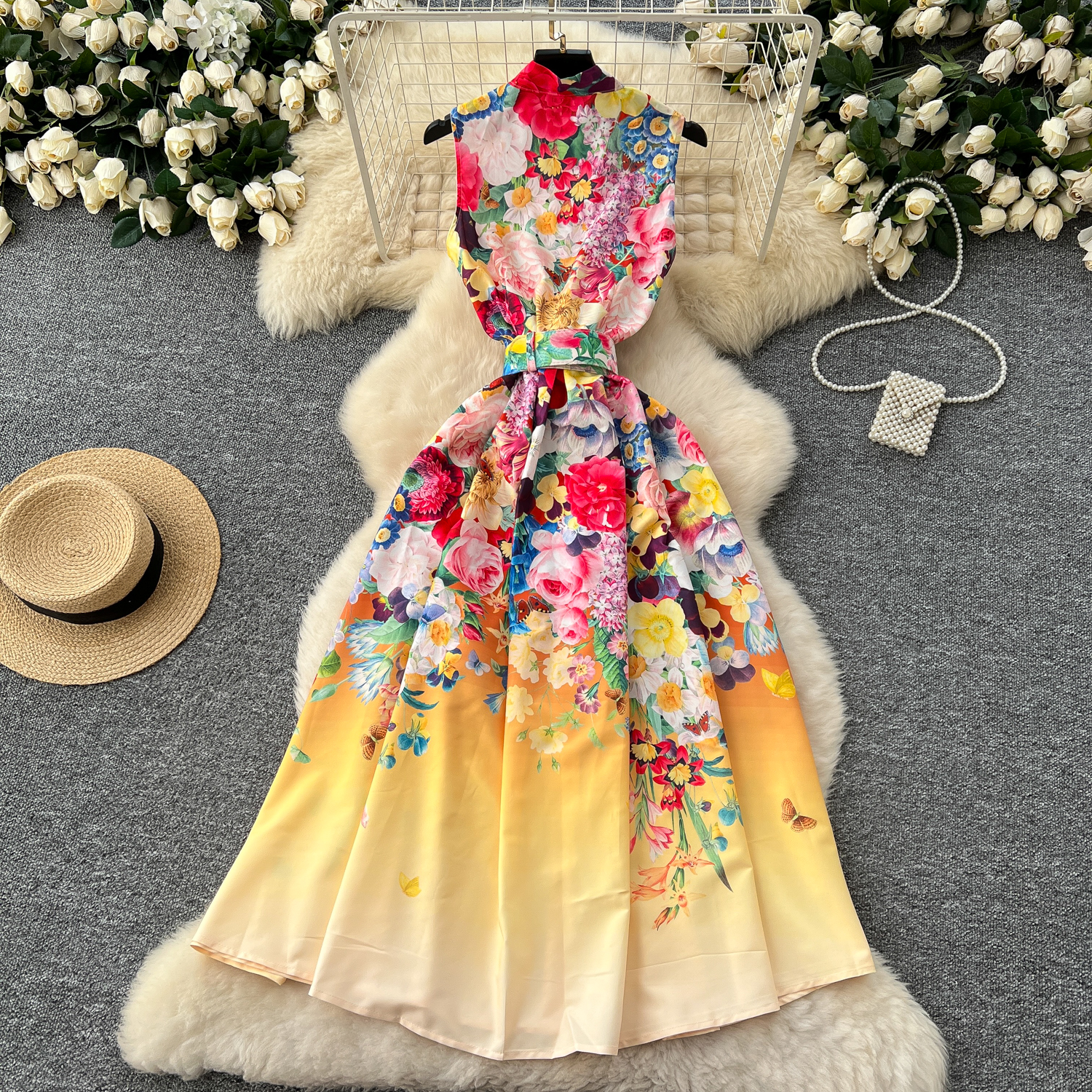 Casual Dresses Summer Fashion Gorgeous Flower Maxi Dress Female Sleeveless Bow Neck Bohemian Single Breasted Pearl Buttons Belt Chic Print Robe 2025