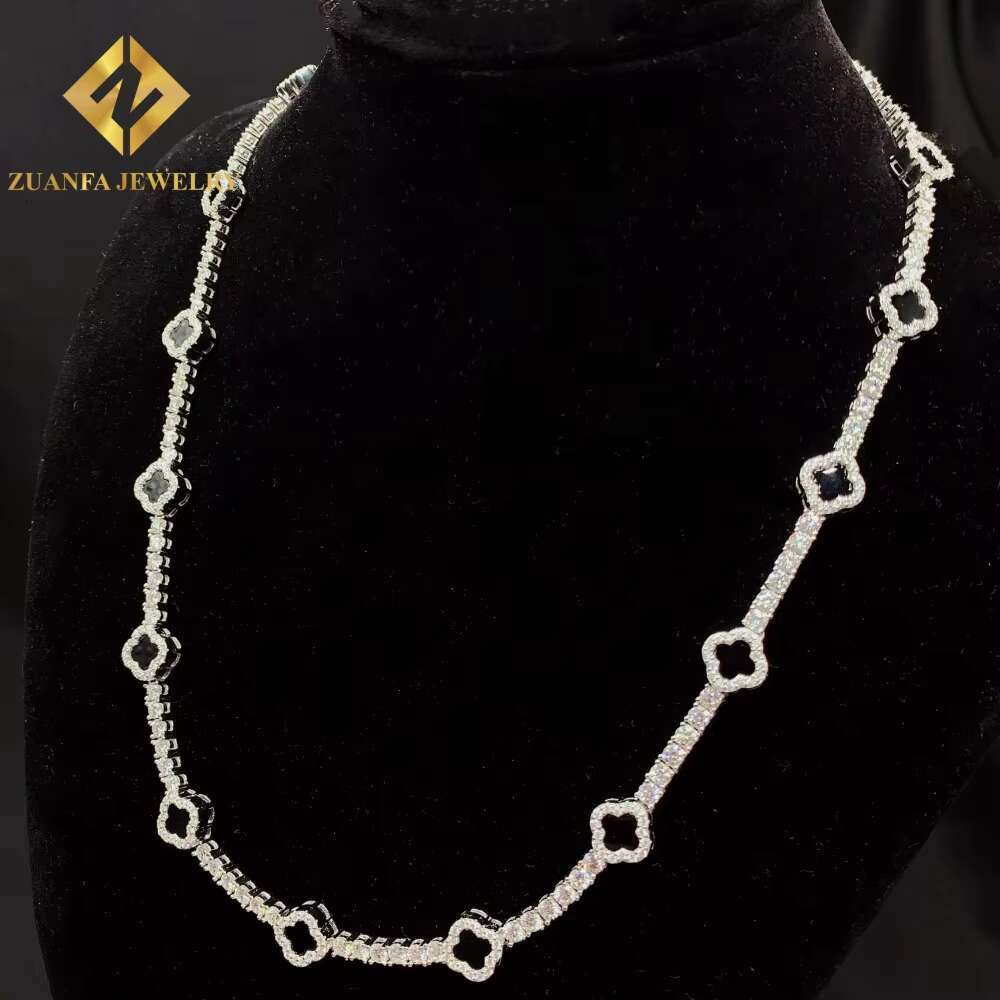 Popular Black Four-leaf Clover Necklace VVS Moissanite 925 Silver Tennis Necklace Link Chain Elegant Jewelry Unisex