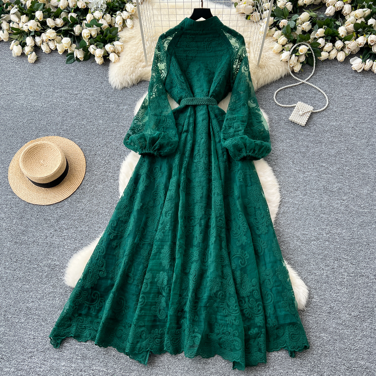 Runway Women Dresses Summer Runway Flower Lace Embroidered Dress French Women Stand Lanetern Sleeve Elegant Sashes Vintage Party Long Robe Vestidos 20