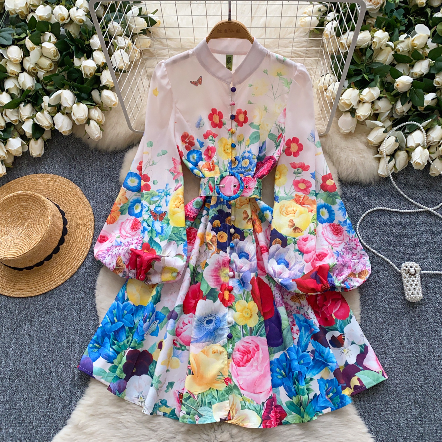 Casual Dresses Summer Gorgeous Flower Blooming Mini Dress Women's Stand Collar Puff Sleeve Buttons Floral Print Lace Up Belt Holiday Beach Vestid