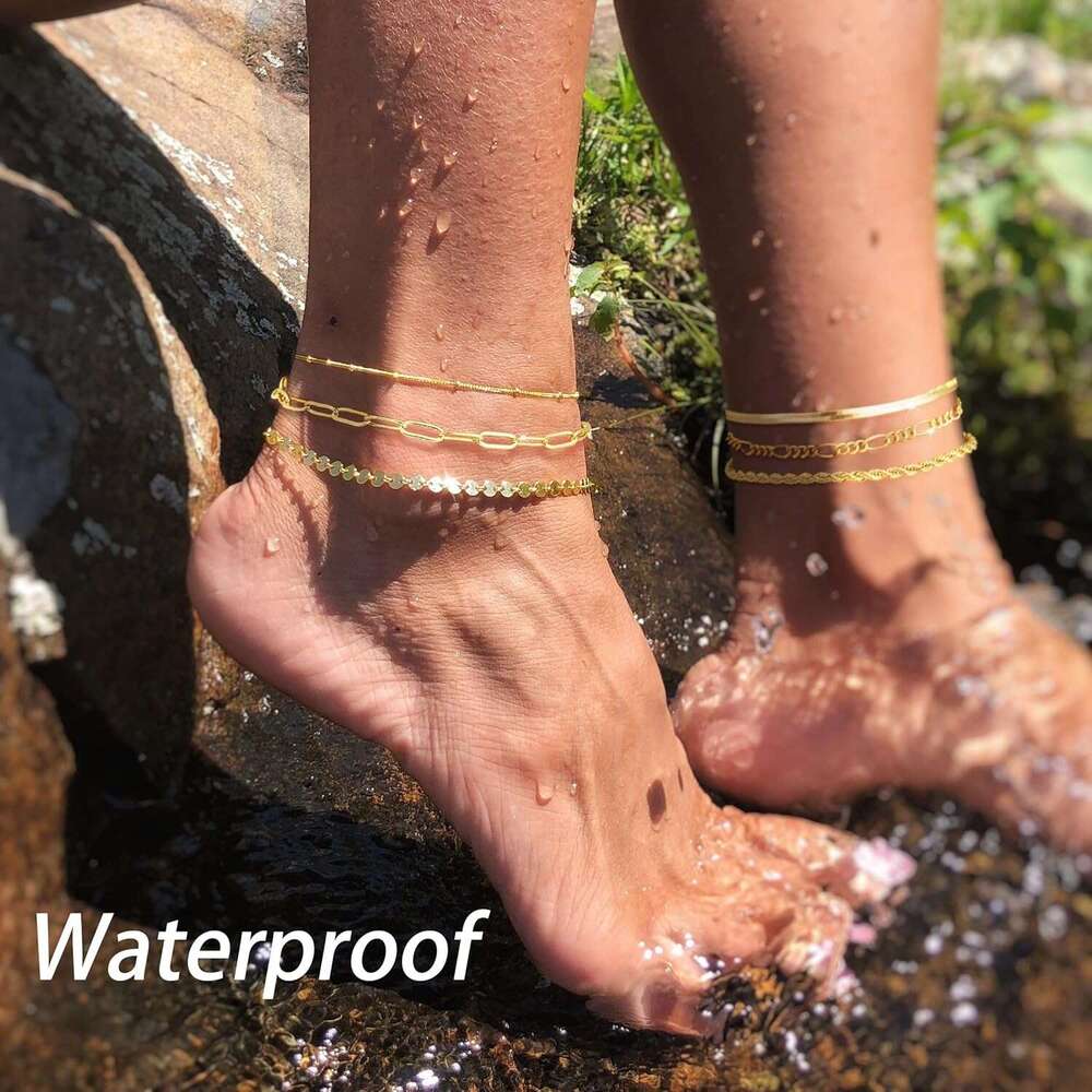 14K Plated Layered Cuban k Chain Waterproof - Dainty Ankle Bracelets for Women Non Tarnish Gold Jewelry Cute Anklets Set Pack Summer Beach Gift