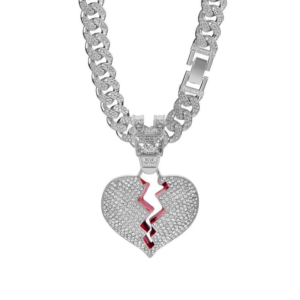 Mens Hip Hop Heart Pendant Necklace 13mm Miami Cuban Chain Hip Hop Ice Sparkling Heart Necklace Fashion Charm Jewelry Y250329