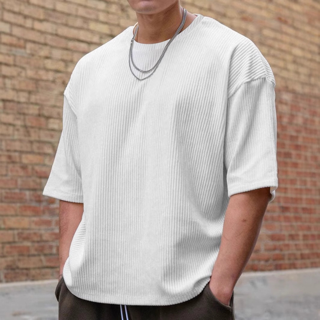 OOTD Summer Short Sleeve T-shirt Men's Corduroy Loose Large Fitness Casual Top