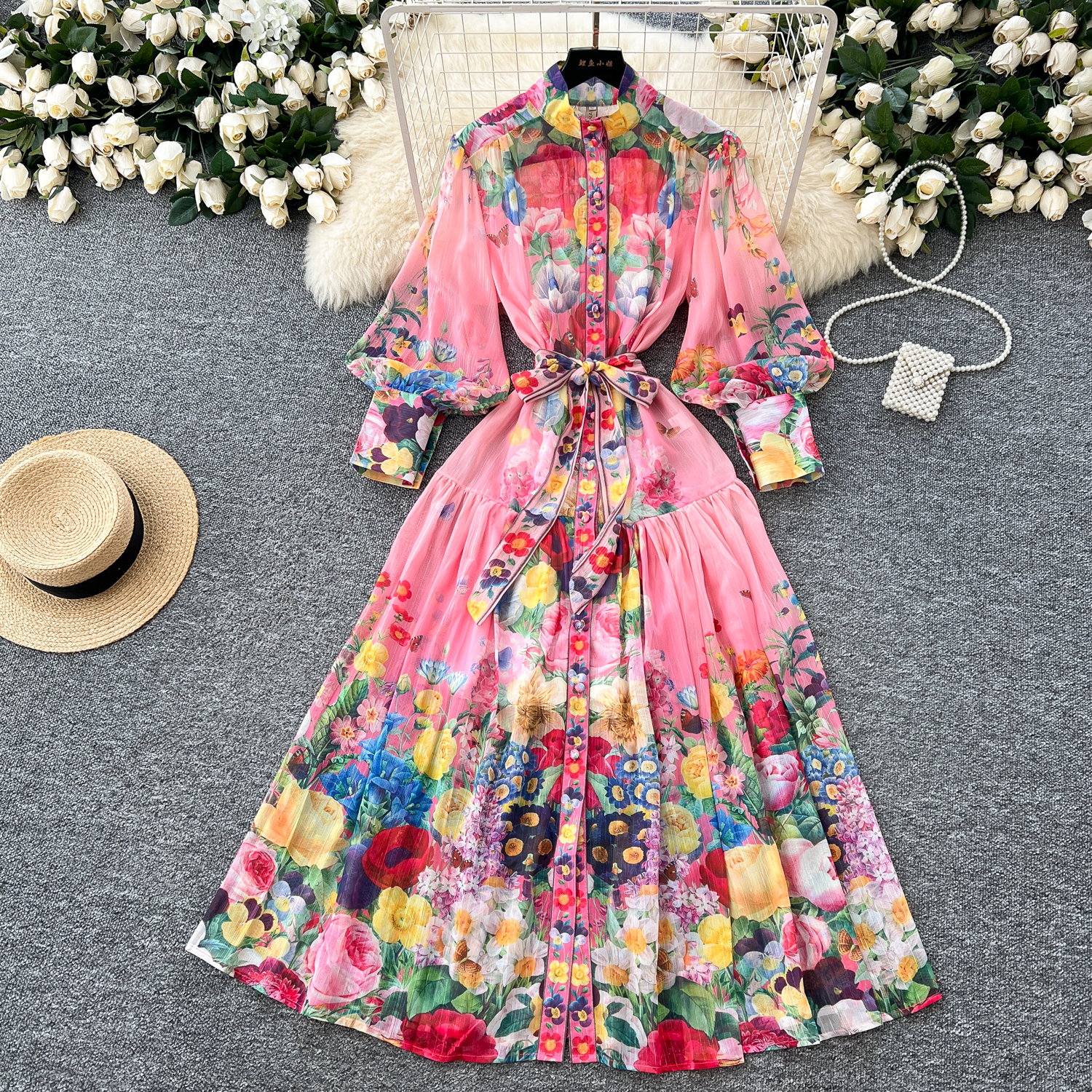Basic Casual Dresses 2025 Summer Bohemian Chiffon Maxi Dress Women's Stand Collar Long Lantern Sleeve Floral Print Belt Lace Up Beach Vestidos