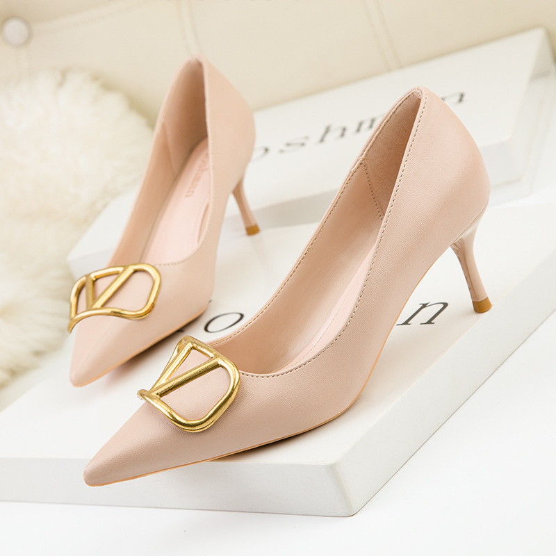 2025 European and American style fashionable professional women's shoes thin heels high heels shallow mouth pointed toes slimming metal square bu