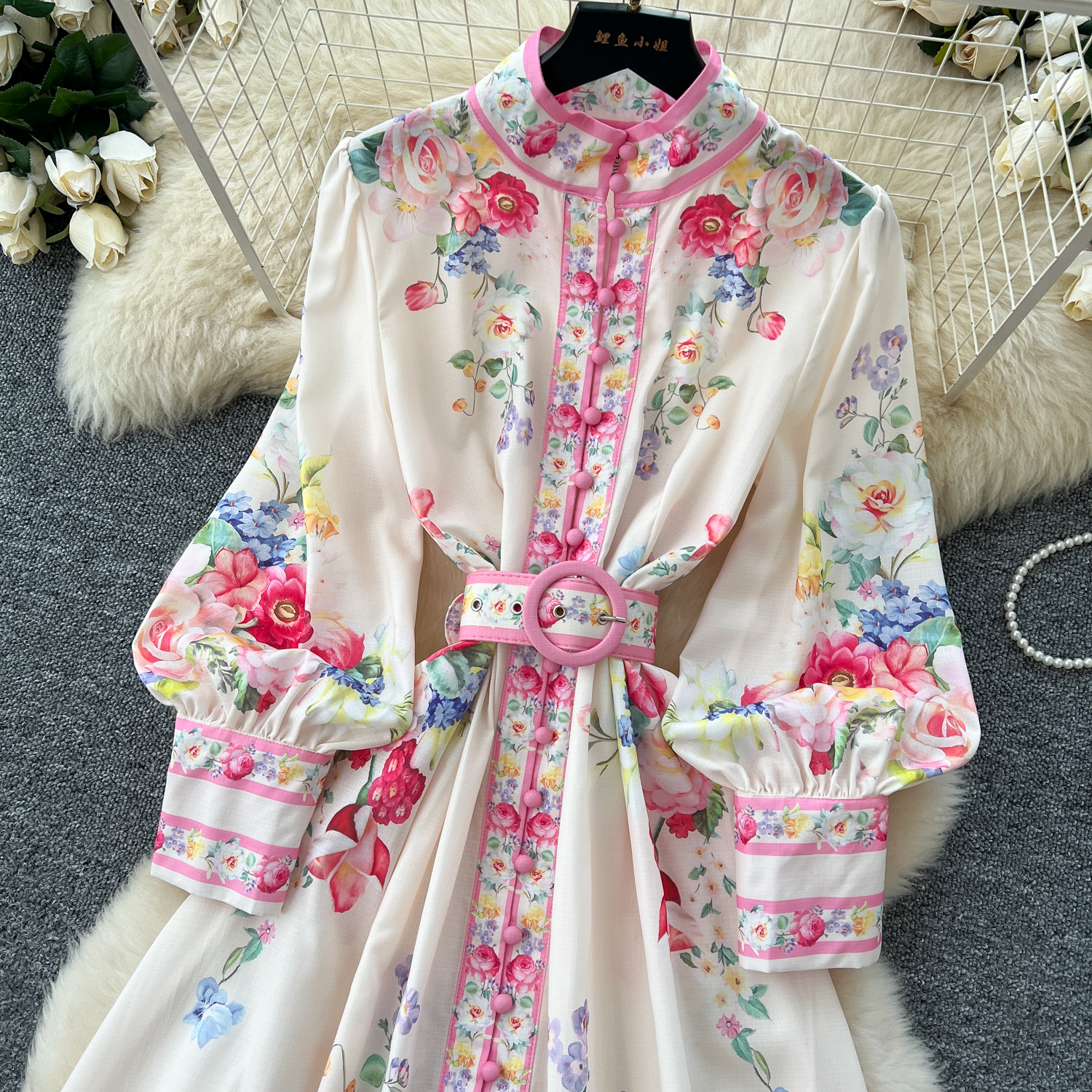 Basic Casual Dresses 2025 Spring Fashion Gorgeous Long Dress Women Clothing Stand Long Lantern Sleeve Floral Print Single Breasted Belt Maxi Vestidos