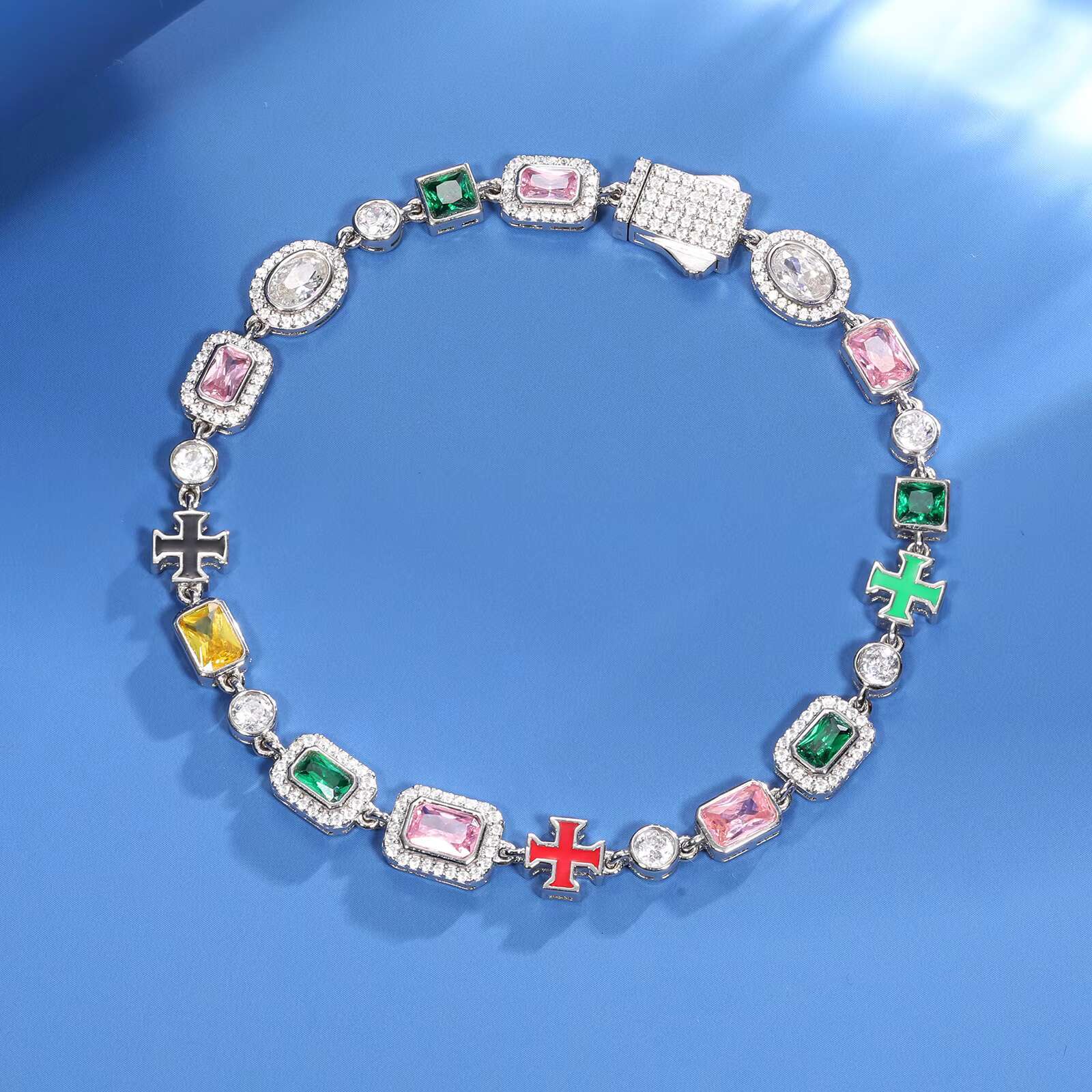 Minimal Party Jewelry White Gold 7mm 925 Sterling Silver VVS Moissanite Colored Gemstone Cluster Enamel Cross Tennis Bracelet