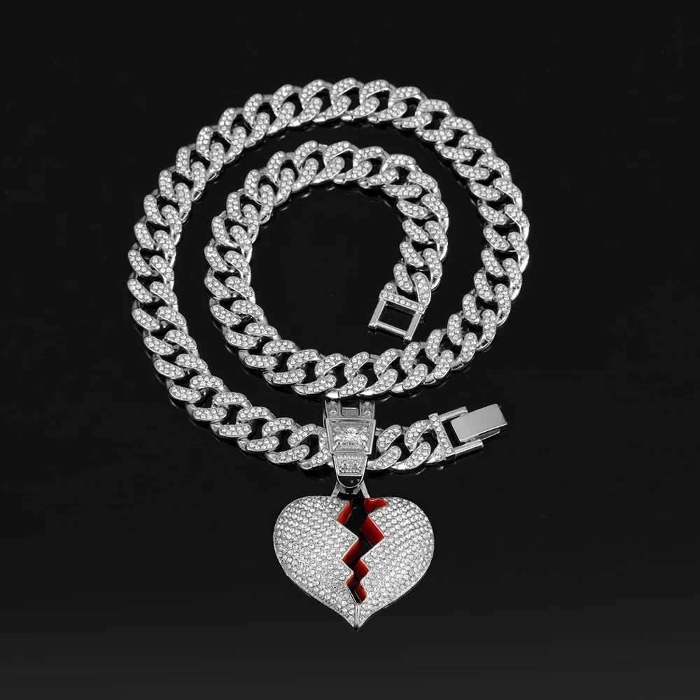 Mens Hip Hop Heart Pendant Necklace 13mm Miami Cuban Chain Hip Hop Ice Sparkling Heart Necklace Fashion Charm Jewelry Y250329