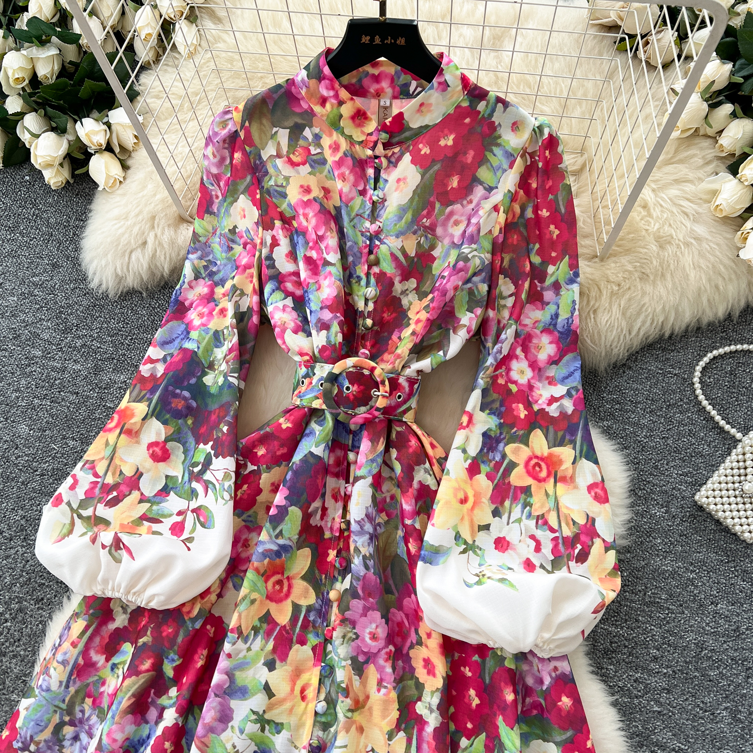 Basic Casual Dresses A Line 2025 Spring Summer Holiday Flower Dress Women's Stand Collar Long Lantern Sleeve Floral Print Belt Linen Clothes Robe