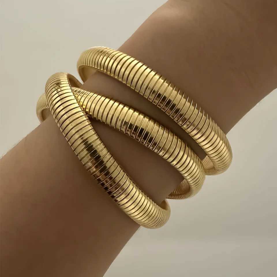 Vintage Gold Color Bangles for Women Chunky Stretch Thick Metal Wide Wristband Bracelets Set Fashion Unisex Jewelry Gifts 2025 Z250329