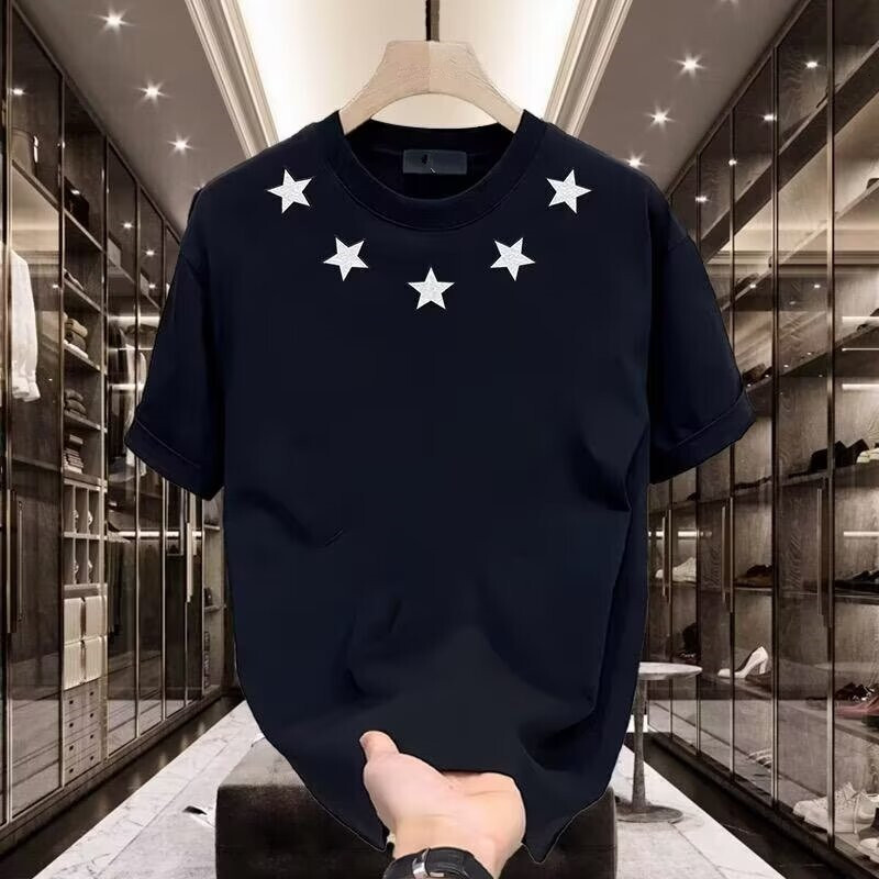 Summer fashion brand pentagonal star embroidered flower short plus size men's and women's clothing, couple half sleeved T-shirt, cotton