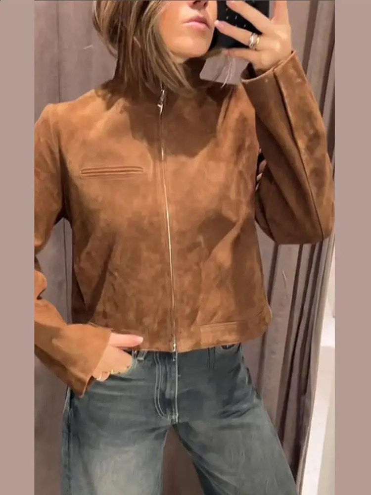 Stand Collar Suede Zipper Short Jackets Women Casual Slim Brown Long Sleeved Jacket Female Spring Chic Daily Style Outwear Tops250324