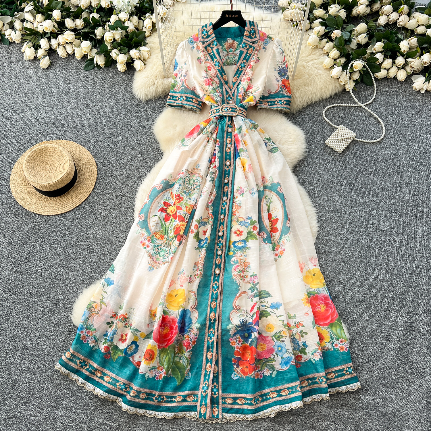 Spring Casual Dresses Summer Runway Lace Splicing Maxi Dress Womens Notched Short Sleeve Single Breasted Floral Print Belt Long Boho Party Vestidos 20