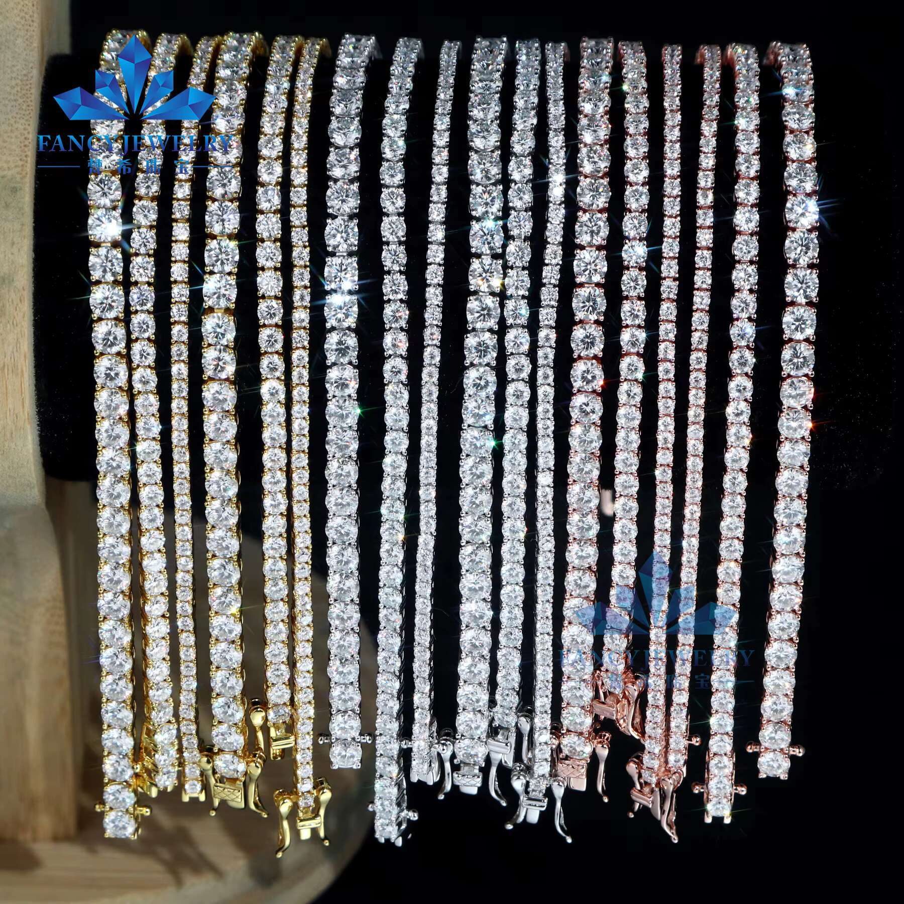 VVS Moissanite Tennis Chain 2mm 3mm 4mm 5mm 6.5mm 925 Sterling Silver White Gold Rose Gold Plated Style Bracelet Women Men