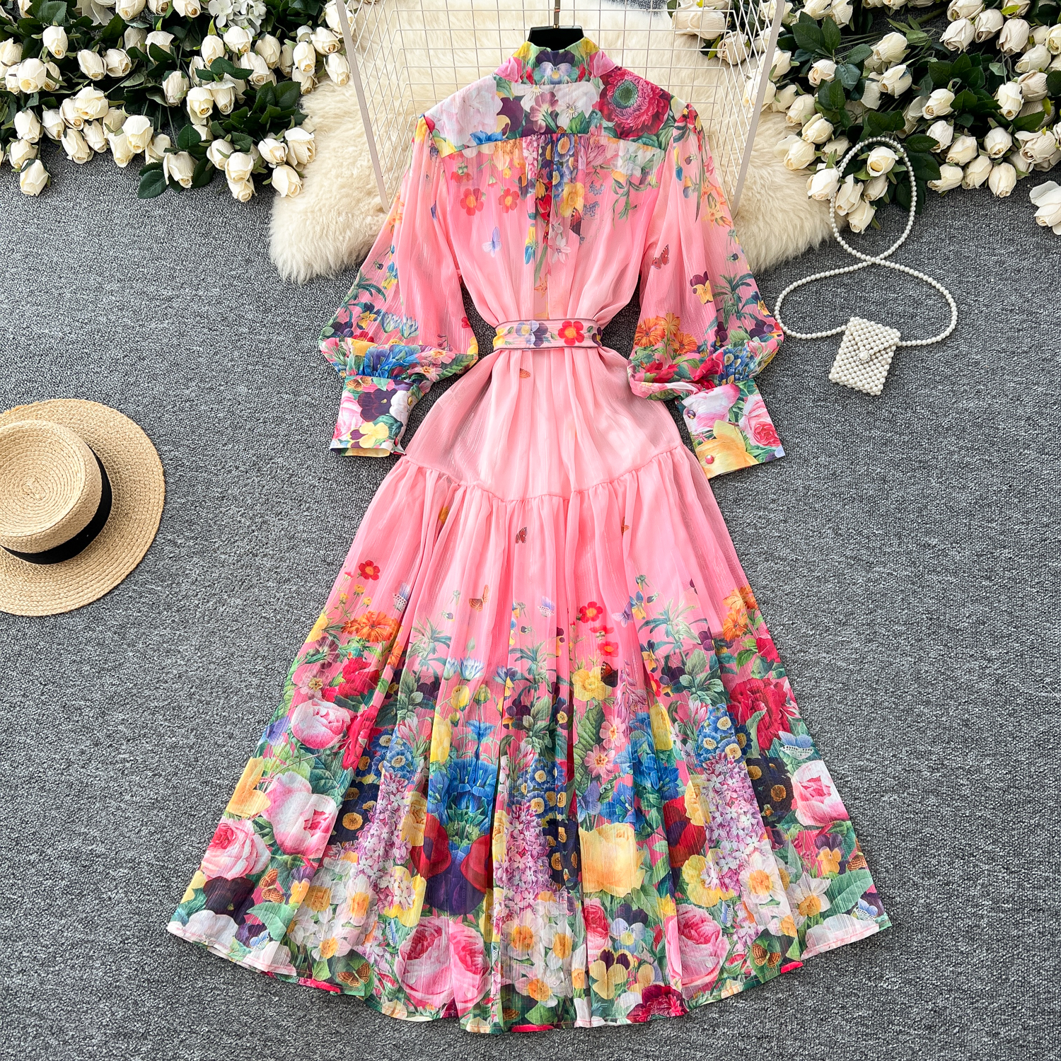 Basic Casual Dresses 2025 Summer Bohemian Chiffon Maxi Dress Women's Stand Collar Long Lantern Sleeve Floral Print Belt Lace Up Beach Vestidos