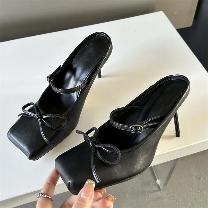 Eilyken Bowknot Square Toe Women Pumps Sexy Buckle Strap Thin High Heels Banquet Prom Mule Slippers Shoes 250328