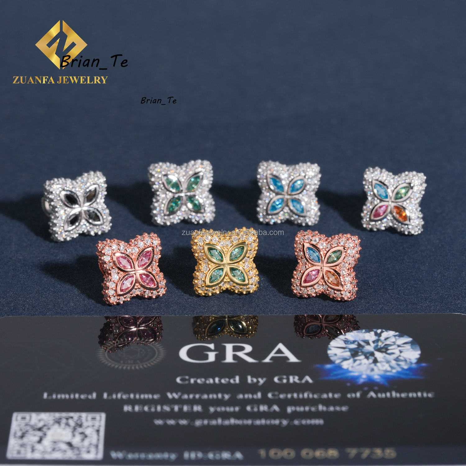 New Arrivals Flower Design Jewelry 925 Sterling Silver Colorful Moissanite Diamond Stud Earring Hip Hop Iced Out Earring