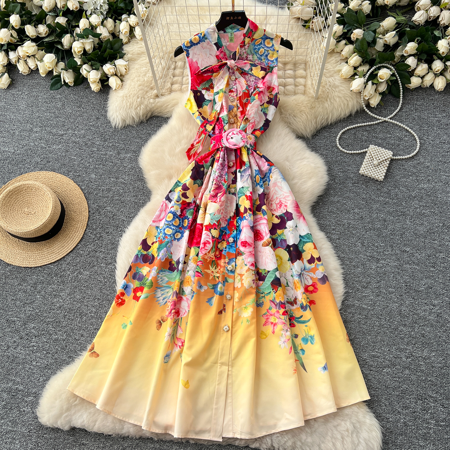 Casual Dresses Summer Fashion Gorgeous Flower Maxi Dress Female Sleeveless Bow Neck Bohemian Single Breasted Pearl Buttons Belt Chic Print Robe 2025
