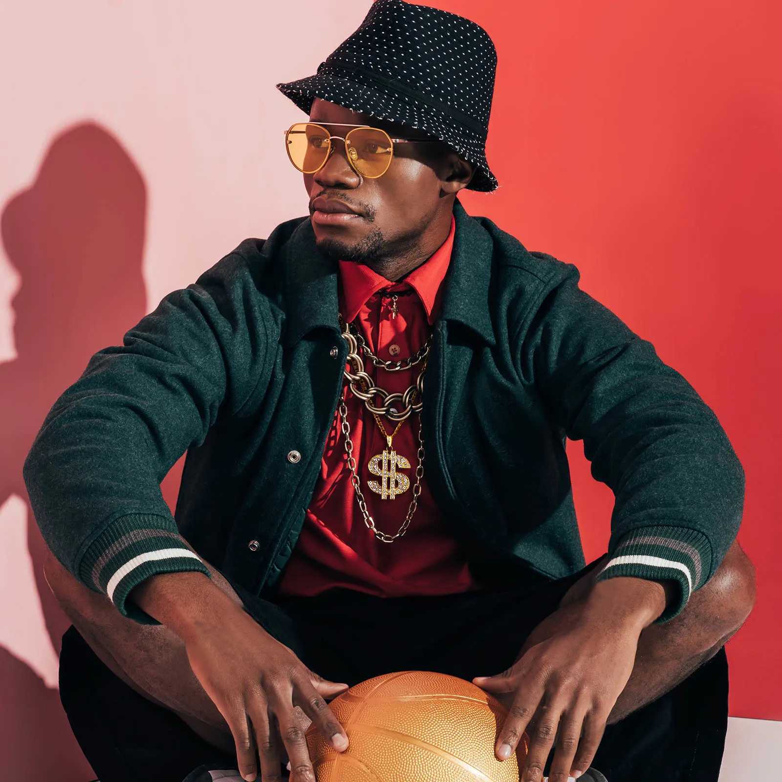 Mens gold dollar signature necklace with Cuban chain hip-hop currency dollar pendant necklace music festival party gift jewelry Y250329