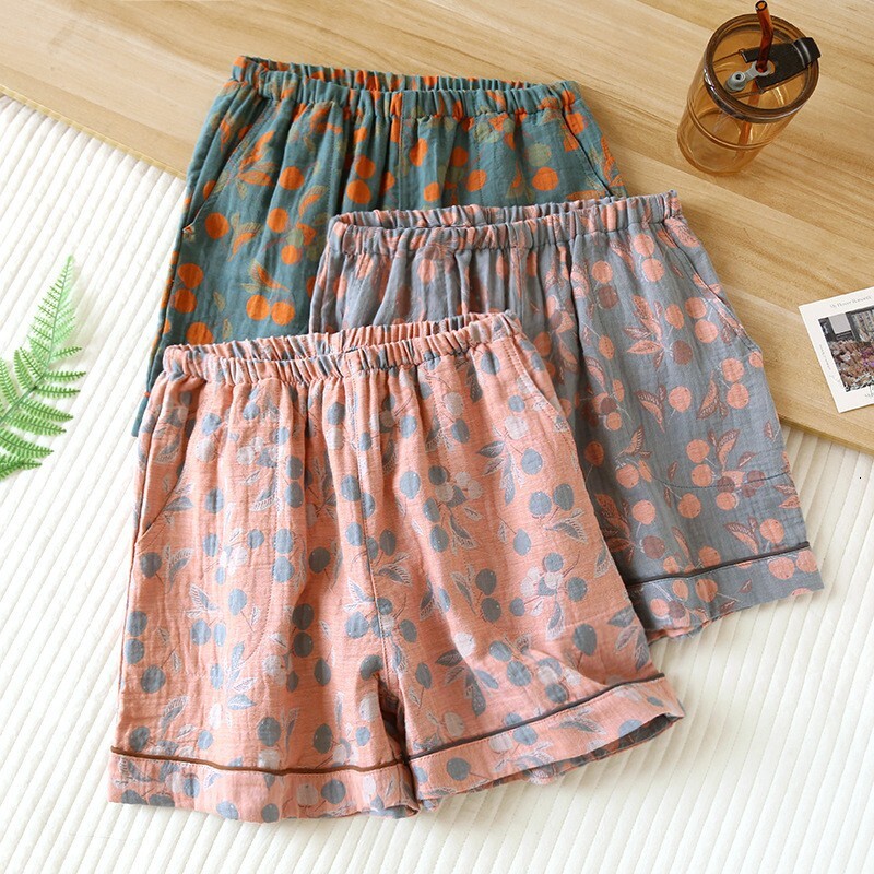 Quality Brand High Quality New Style Free Delivery Designer Bag Women's Sleep Summer Yarn Dyed Jacquard Pure Cotton Gauze Thin Loose Pocket Short