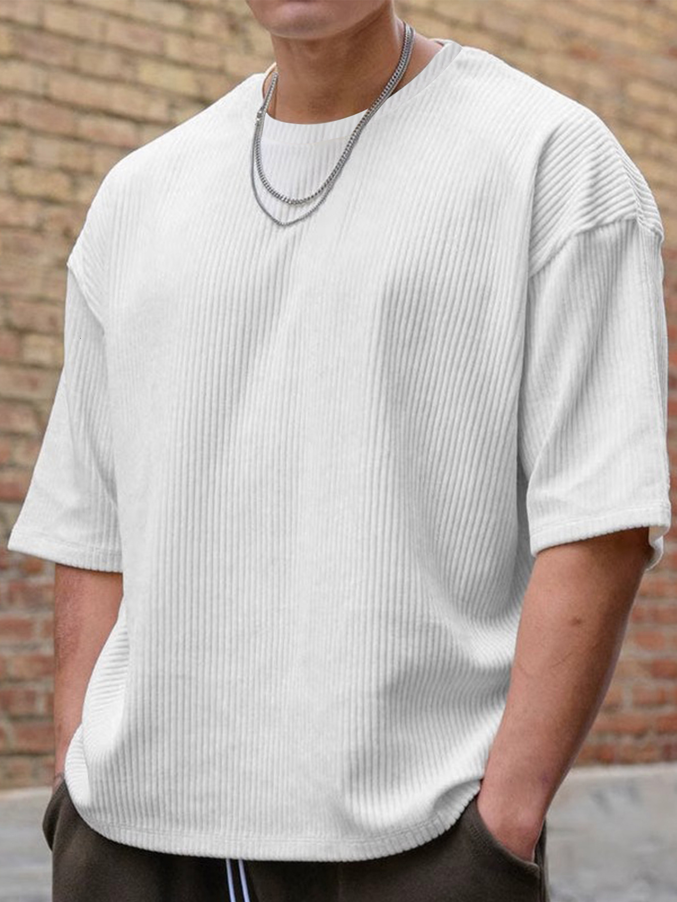 OOTD Summer Short Sleeve T-shirt Men's Corduroy Loose Large Fitness Casual Top