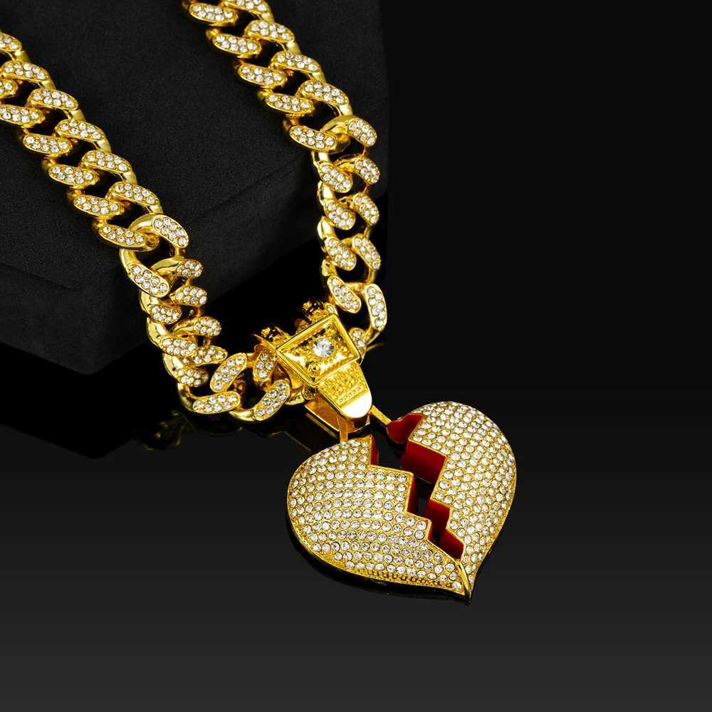 Mens Hip Hop Heart Pendant Necklace 13mm Miami Cuban Chain Hip Hop Ice Sparkling Heart Necklace Fashion Charm Jewelry Y250329