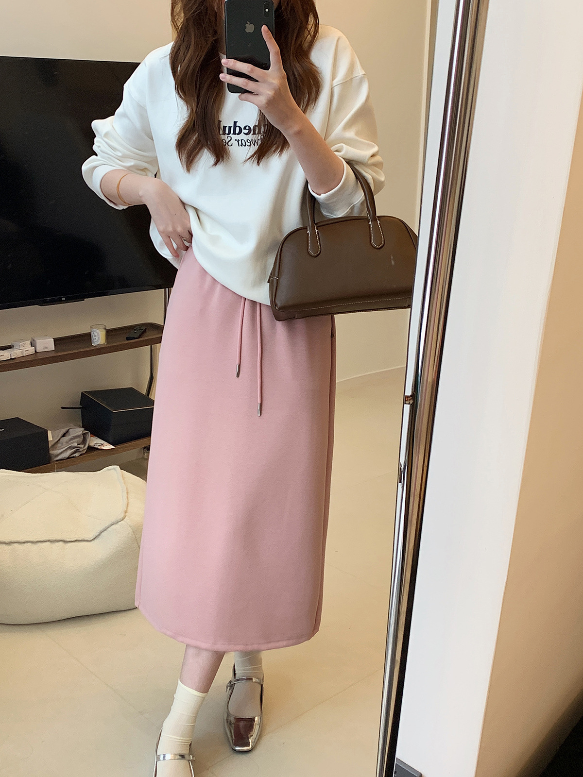 G18200 High quality skirt early spring loose slim drawstring elastic waist high waist hip straight sports sweater skirt