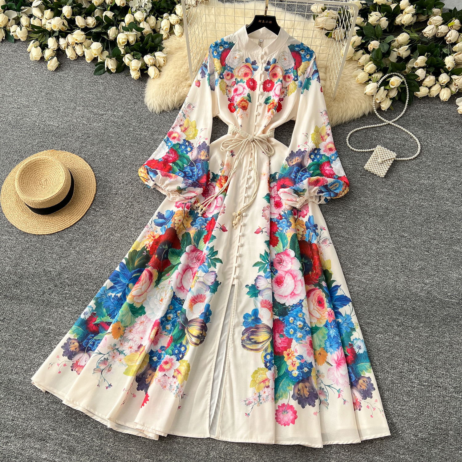 Casual Dresses Spring Summer Holiday Gorgeous Flower Maxi Dress Women's Stand Long Lantern Sleeve High Waist Floral Print Lace Up Long Vestido 20