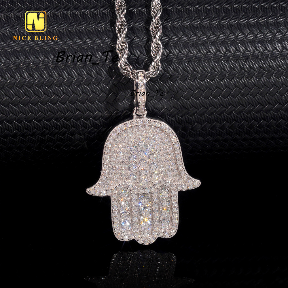Lucky Hamsa Hand Pendant Silver Plated Custom Iced Out Fashion Hip Hop Jewelry 925 Silver VVS Moissanite Diamond Pendant Chain