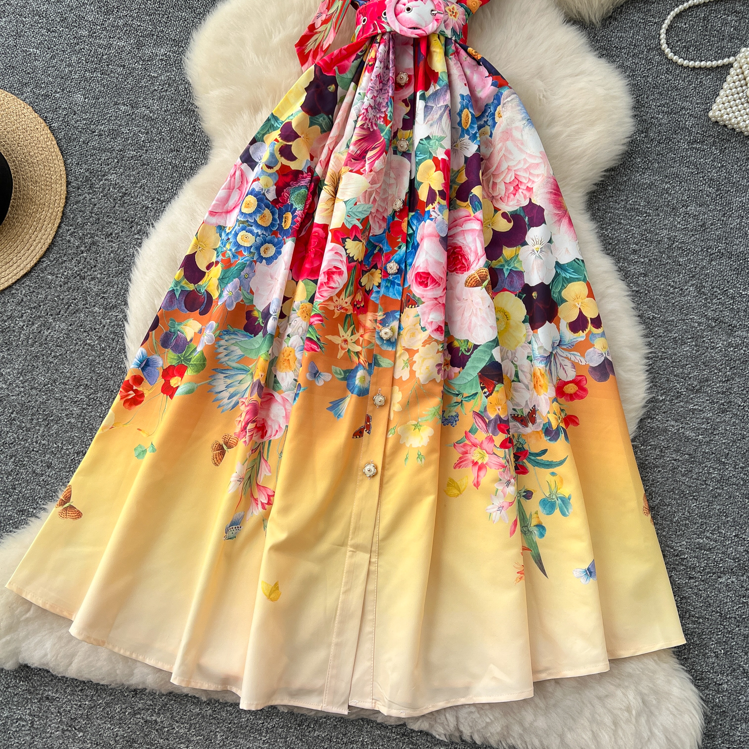 Casual Dresses Summer Fashion Gorgeous Flower Maxi Dress Female Sleeveless Bow Neck Bohemian Single Breasted Pearl Buttons Belt Chic Print Robe 2025