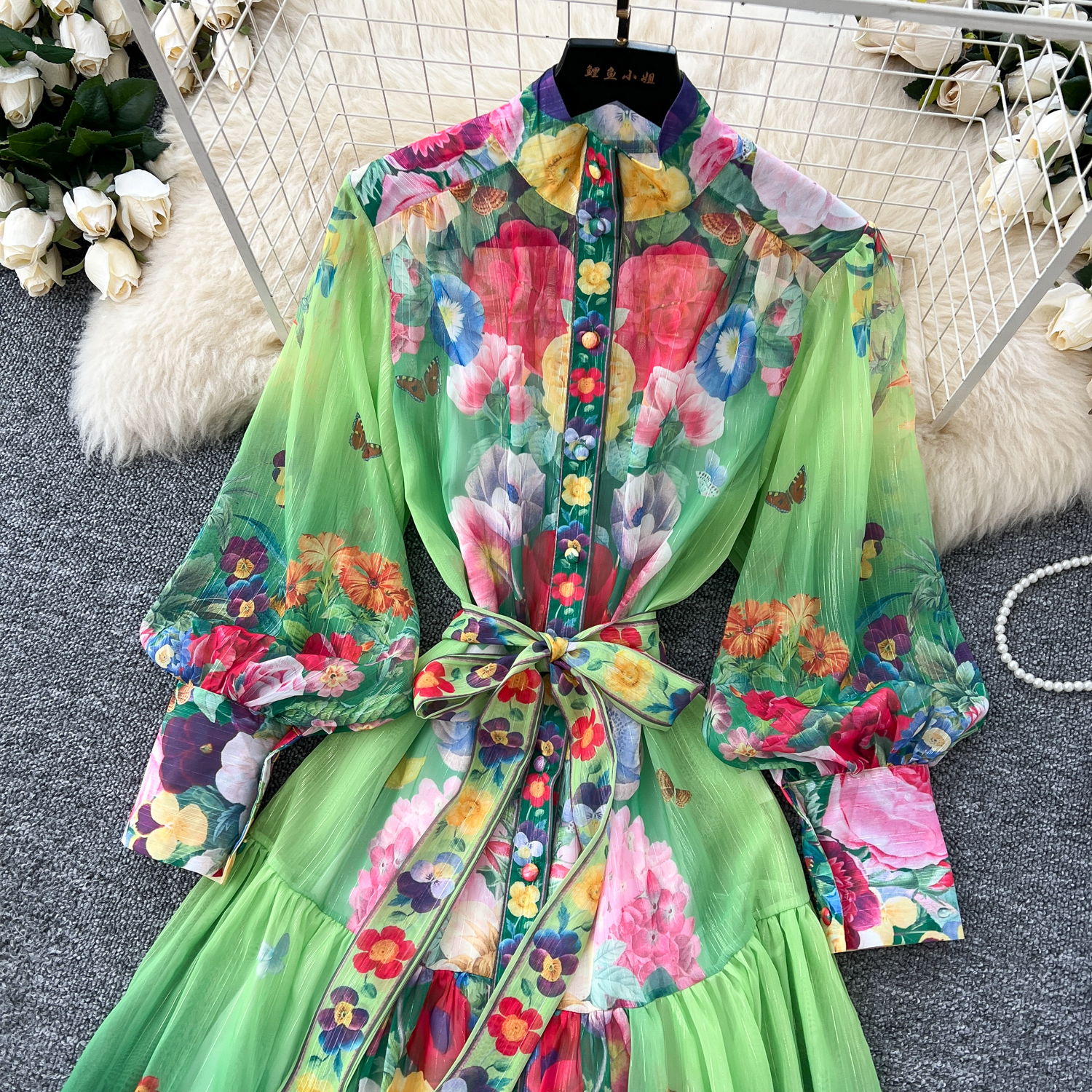 Basic Casual Dresses 2025 Summer Bohemian Chiffon Maxi Dress Women's Stand Collar Long Lantern Sleeve Floral Print Belt Lace Up Beach Vestidos