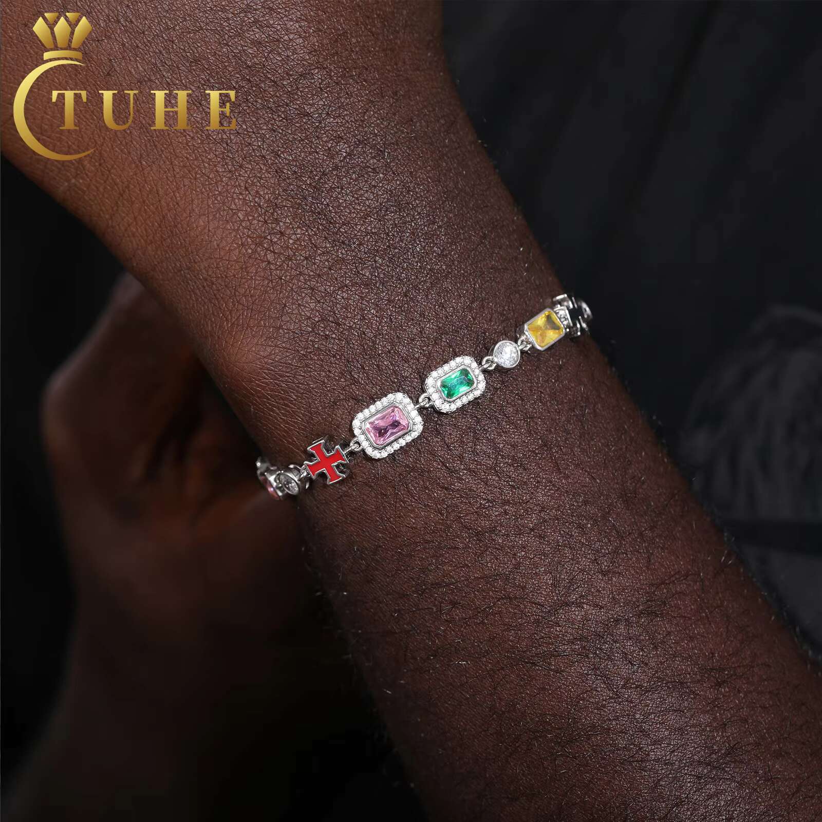 Minimal Party Jewelry White Gold 7mm 925 Sterling Silver VVS Moissanite Colored Gemstone Cluster Enamel Cross Tennis Bracelet