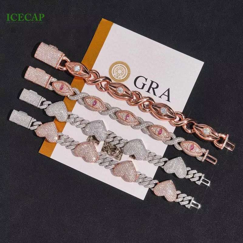 Hot Men Cuban Bracelet Ice Hiphop VVS Moissanite Cuban Link Chain Rose Gold Sterling Silver Eyes Bracelet