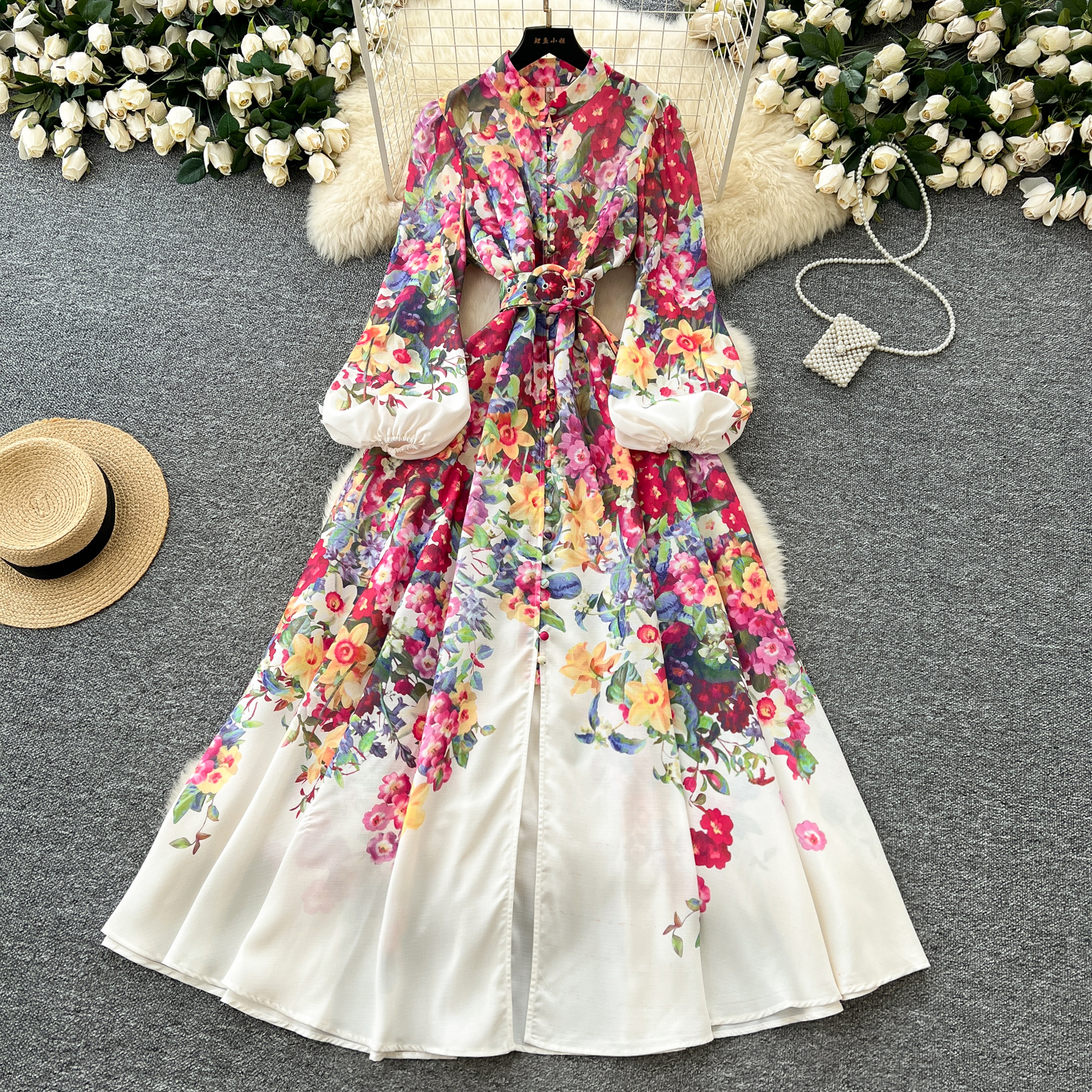 Basic Casual Dresses A Line 2025 Spring Summer Holiday Flower Dress Women's Stand Collar Long Lantern Sleeve Floral Print Belt Linen Clothes Robe