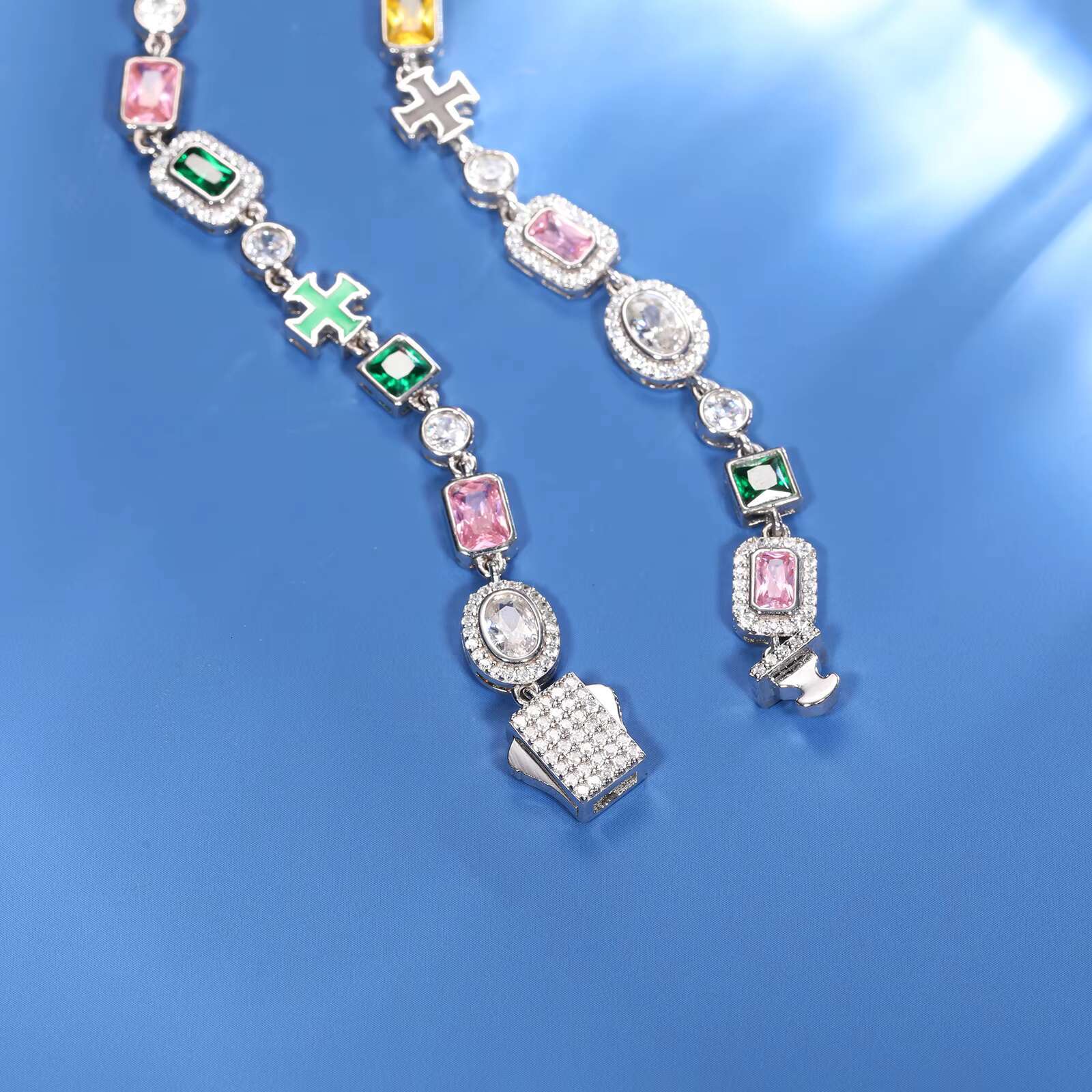 Minimal Party Jewelry White Gold 7mm 925 Sterling Silver VVS Moissanite Colored Gemstone Cluster Enamel Cross Tennis Bracelet