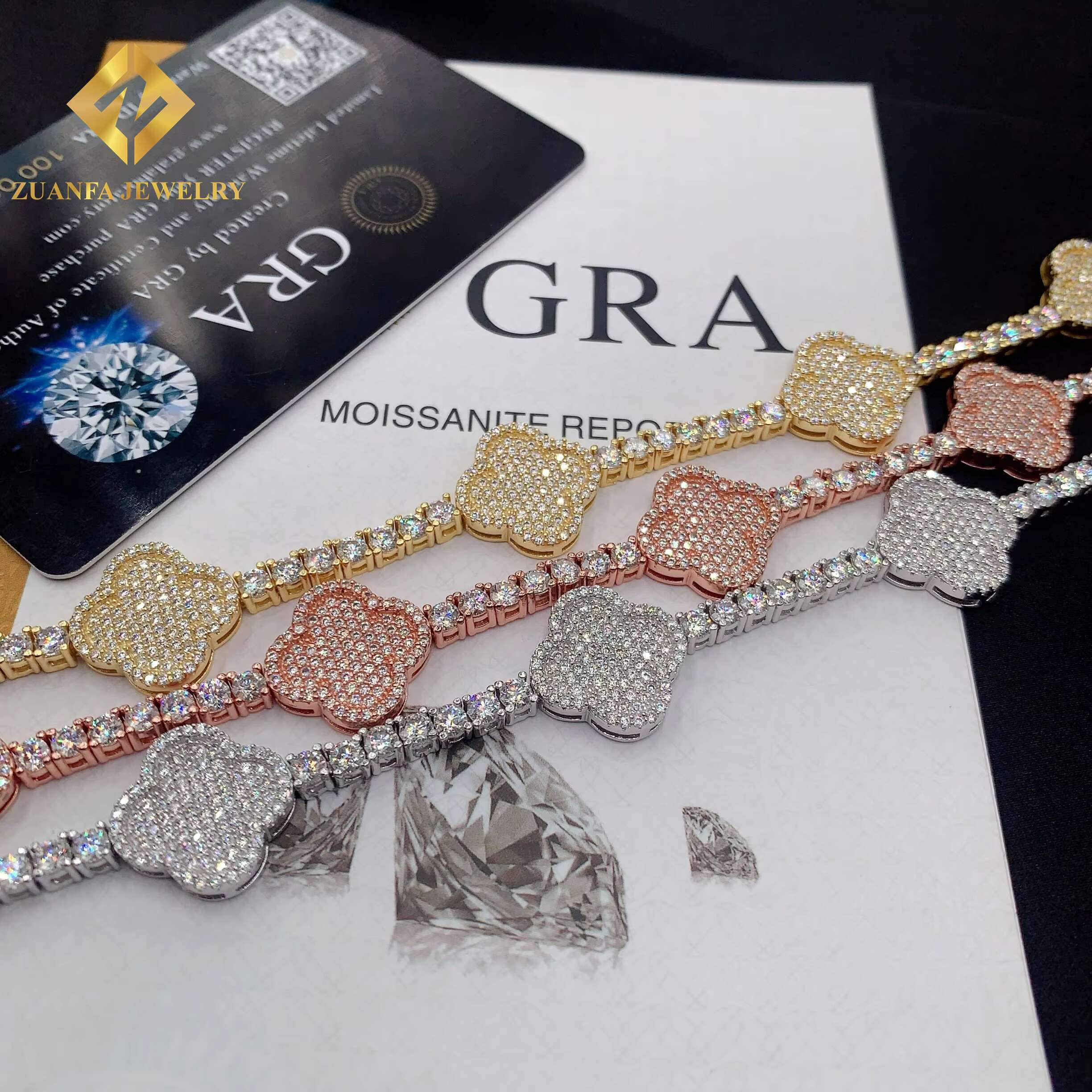 Trendy Tennis Bracelets 925 Sterling Silver Moissanite Diamond Jewelry Clover Design 4MM Tennis Chain Bracelet for Men Women