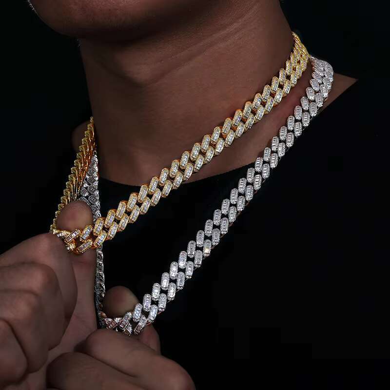 Hot Sale Rappers Hip Hop Jewelry 12mm Sterling Sier VVS Baguette Moissanite Dia Iced Out Cuban Link Chain Necklace