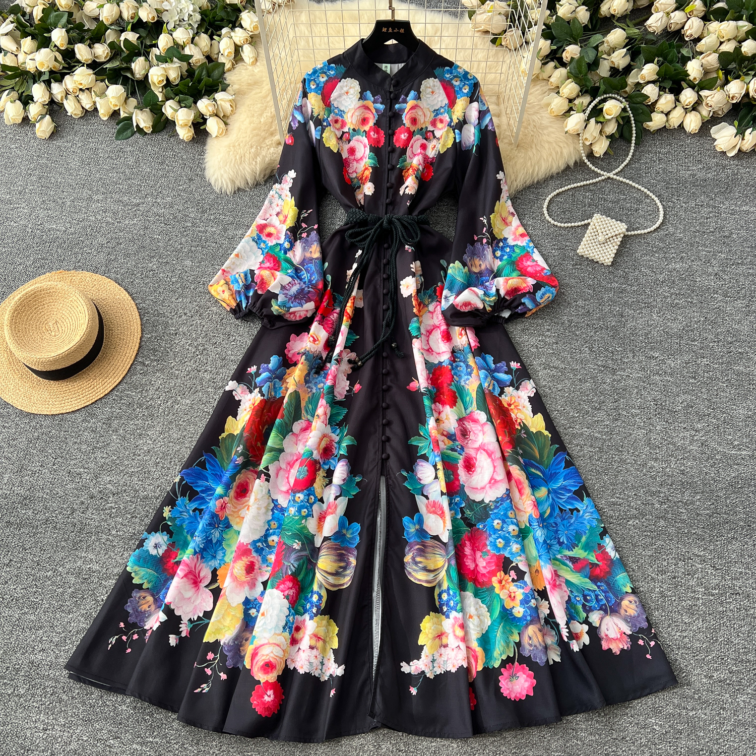 Casual Dresses Spring Summer Holiday Gorgeous Flower Maxi Dress Women's Stand Long Lantern Sleeve High Waist Floral Print Lace Up Long Vestido 20