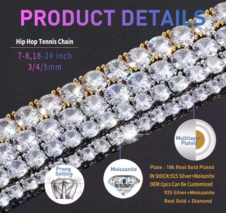 Hot Sale Pass Diamond Tester 925 Silver VVS Moissanite Diamond 3mm 4mm 5mm Moissanite Tennis Bracelet for Men Women Custom 6.5mm