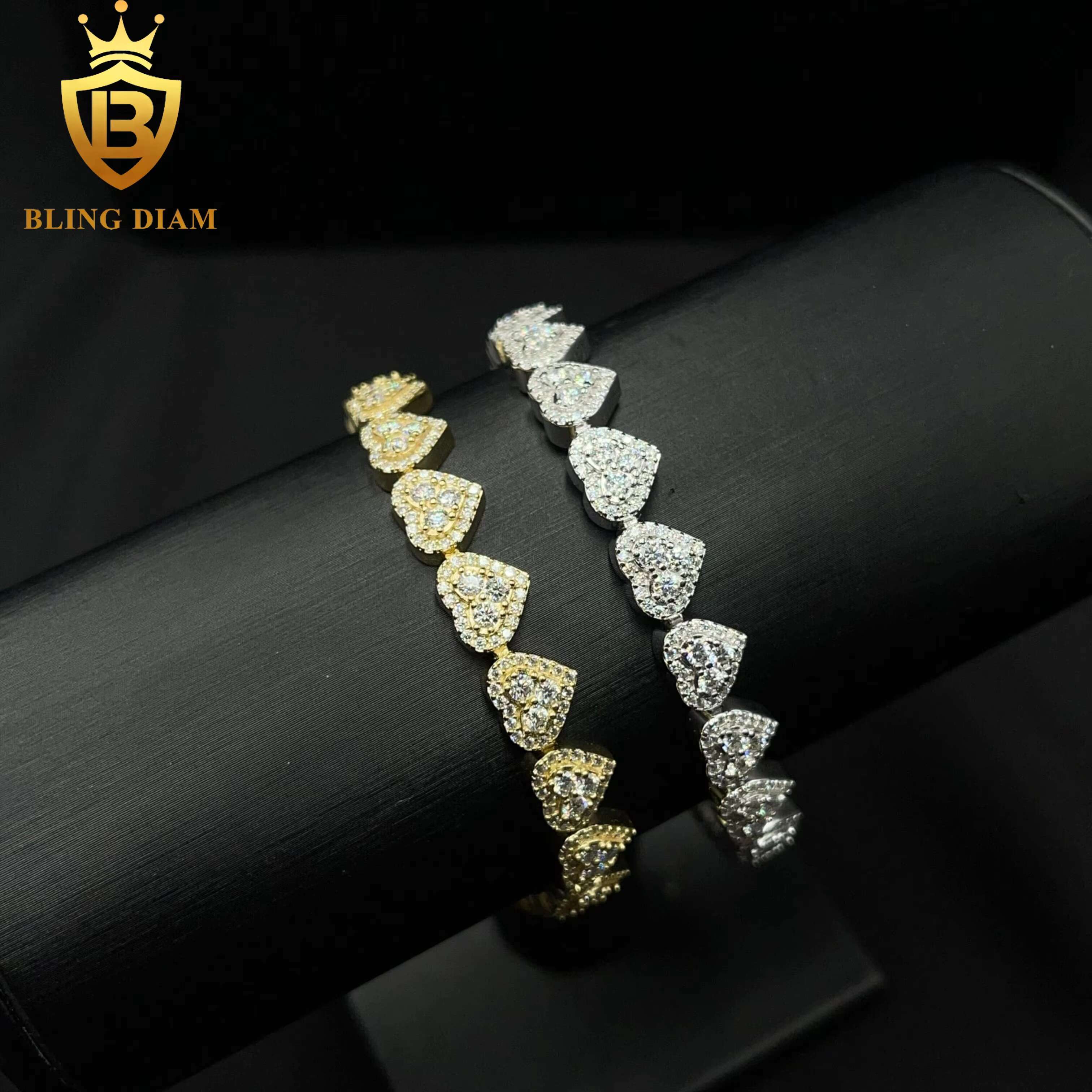 Fashion Jewelry 925 Sterling Silver VVS Moissanite Heart Shape Cuban Tennis Chain 8mm Necklace Bracelet