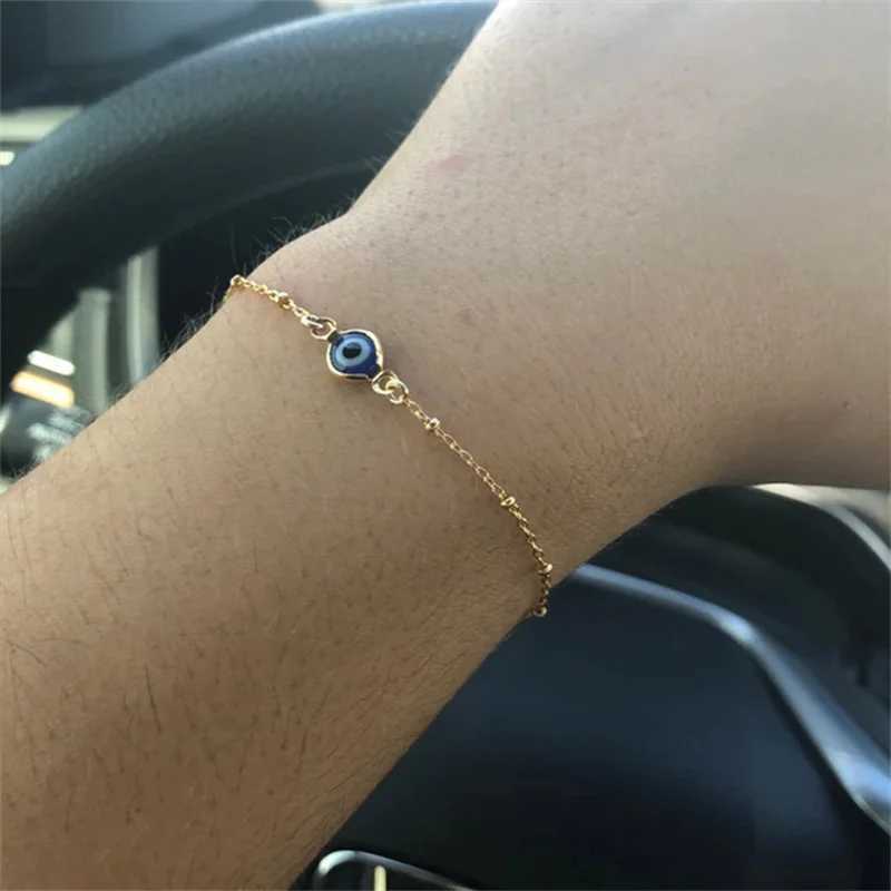 Simple Design Turkish Evil Eye Charm Bracelet for Women Boho Lucky Gold Color Copper Chain Adjustable Bracelet Summer Jewelry Z250329