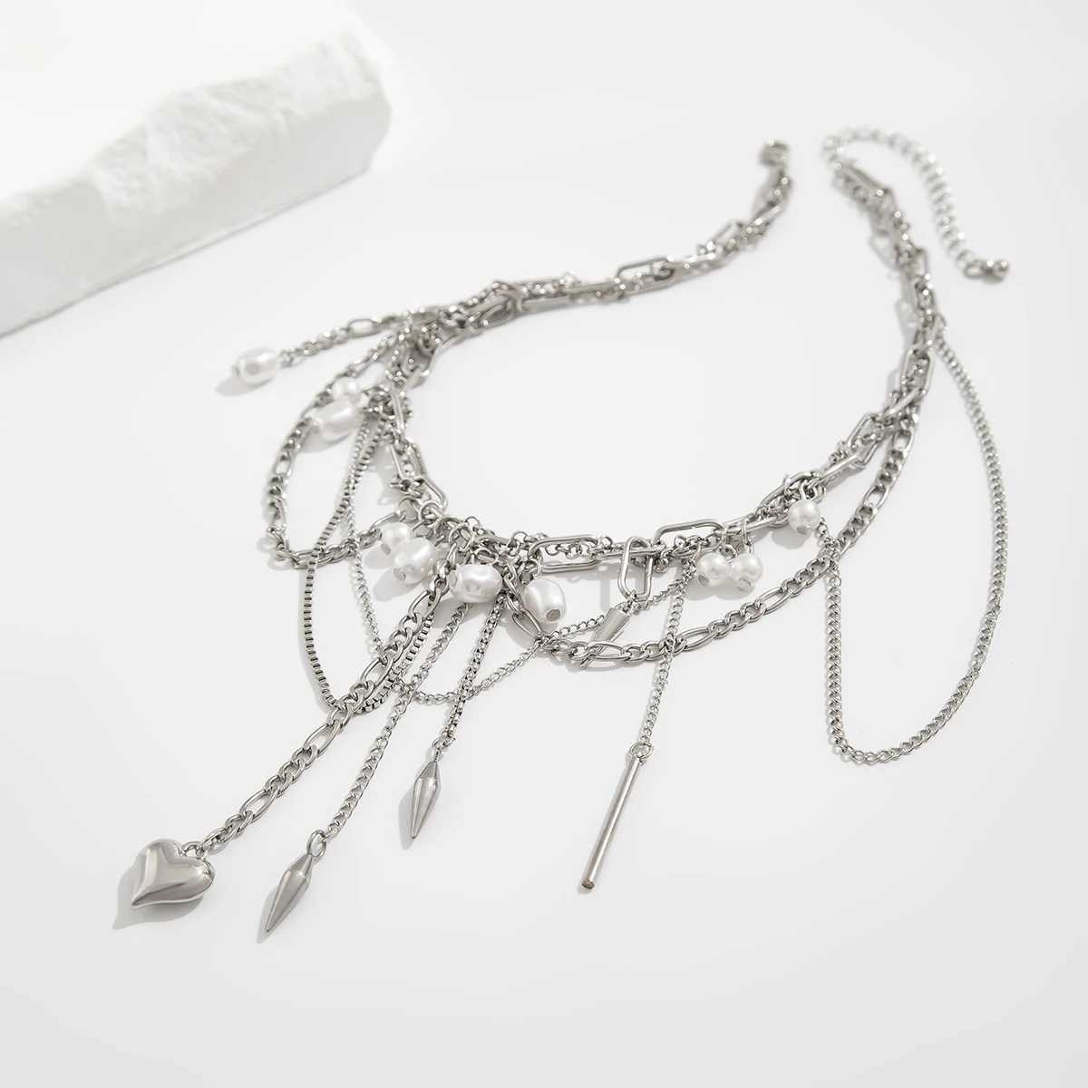 Ingemark Multi layer Tassel Love Heart Pendant Necklace Female Trend Punk Silver Metal Chain Party Jewelry Gift Y250329