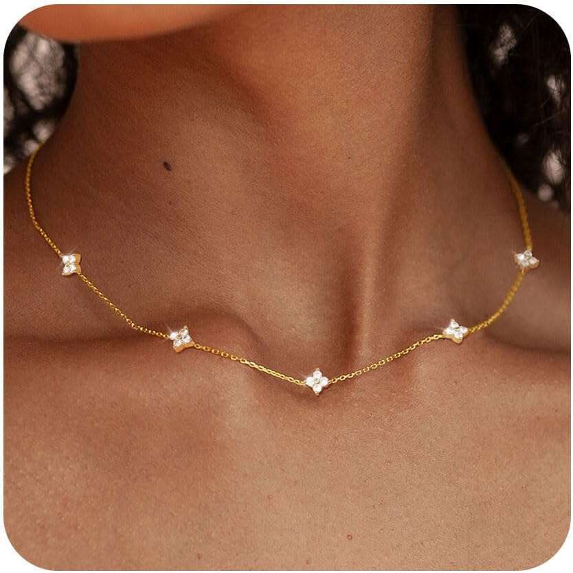 Dainty Sier Necklaces Women Trendy Non Tarnish 14K Gold Plated Cubic Zirconia Layered Cute Butterfly Heart Station Choker Necklace Stack for Wedding P